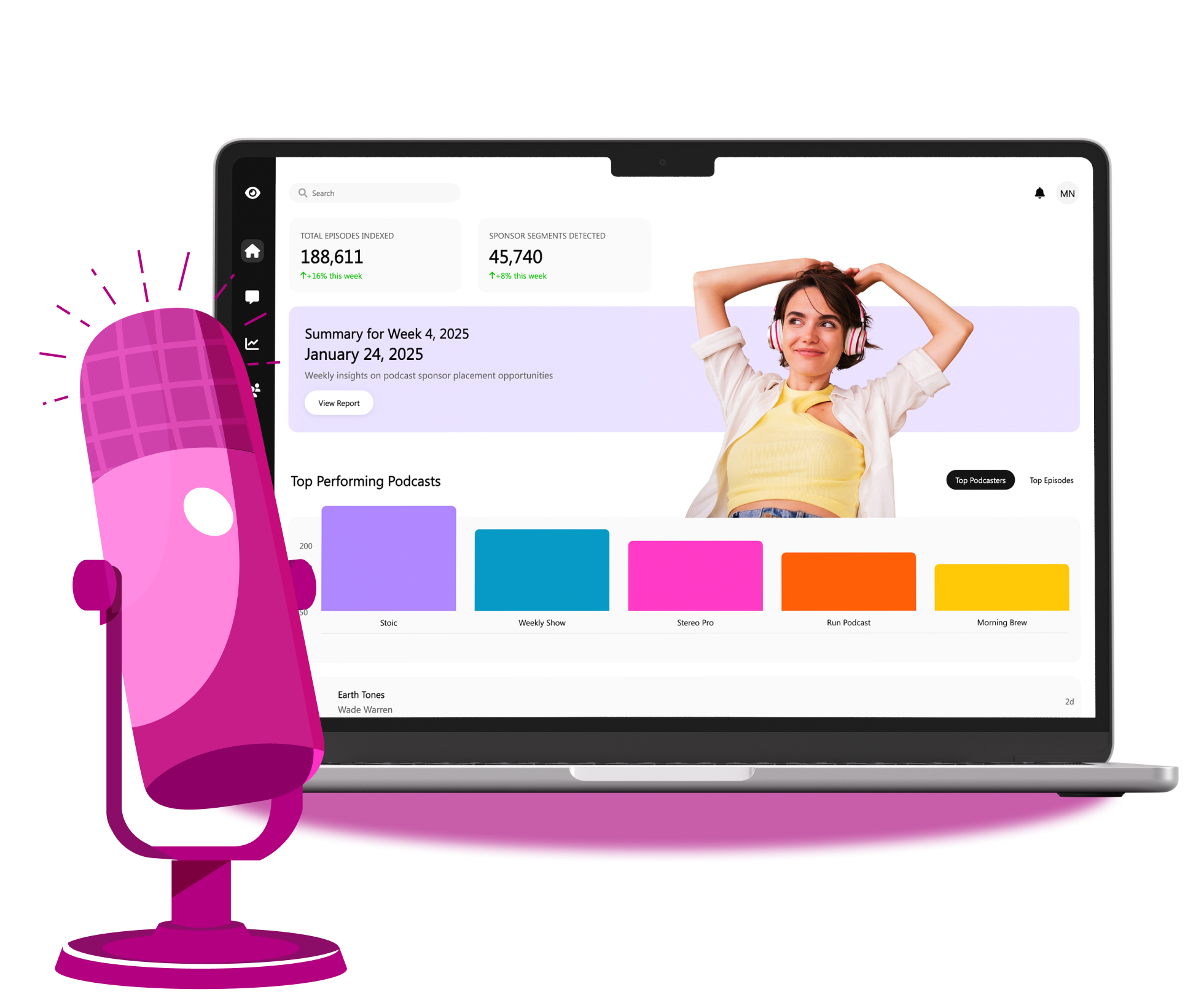 Mockup of a podcast discovery platform for ad placement and sponsorship insights.