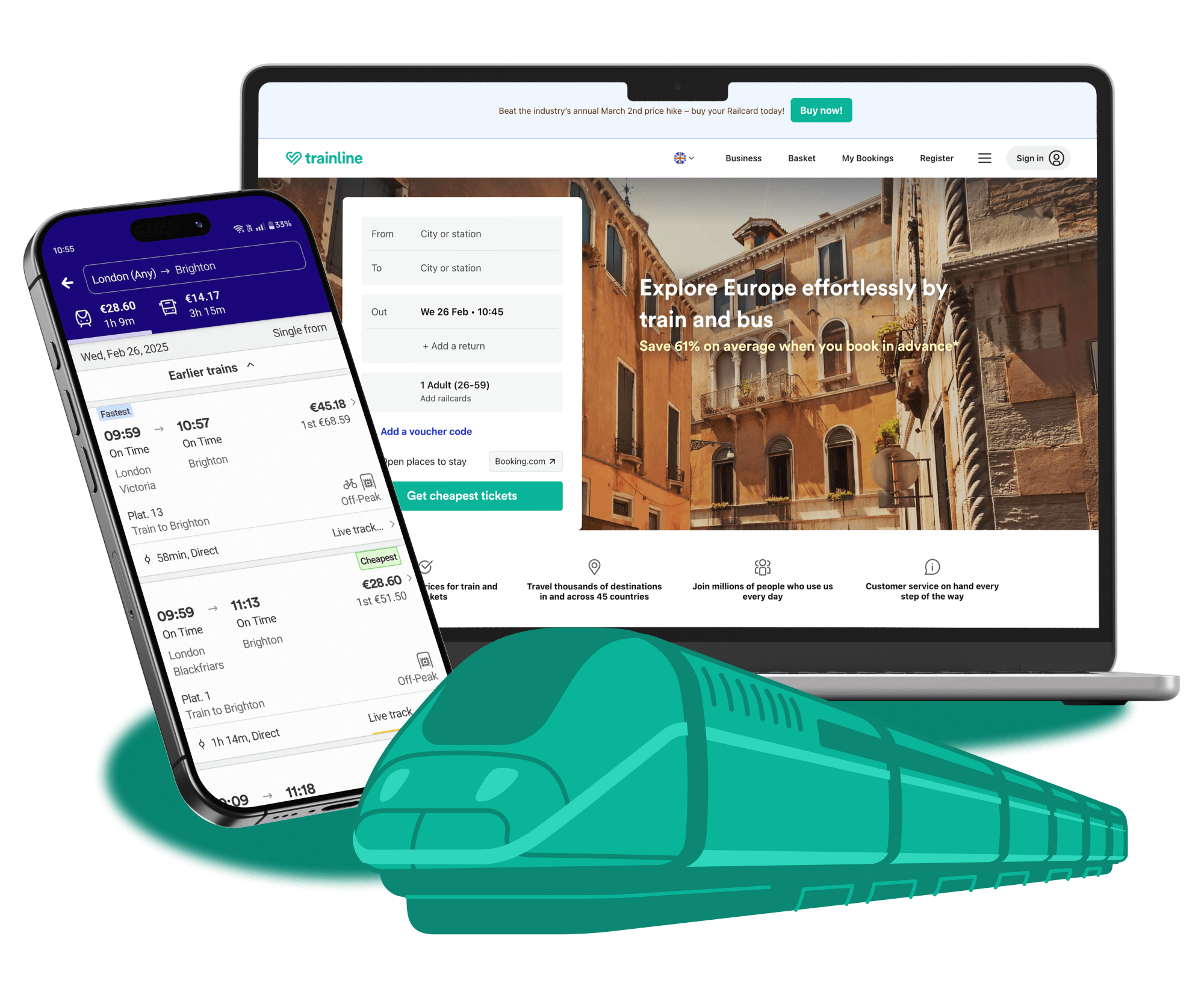 Mockup of an interface for booking train or bus tickets.