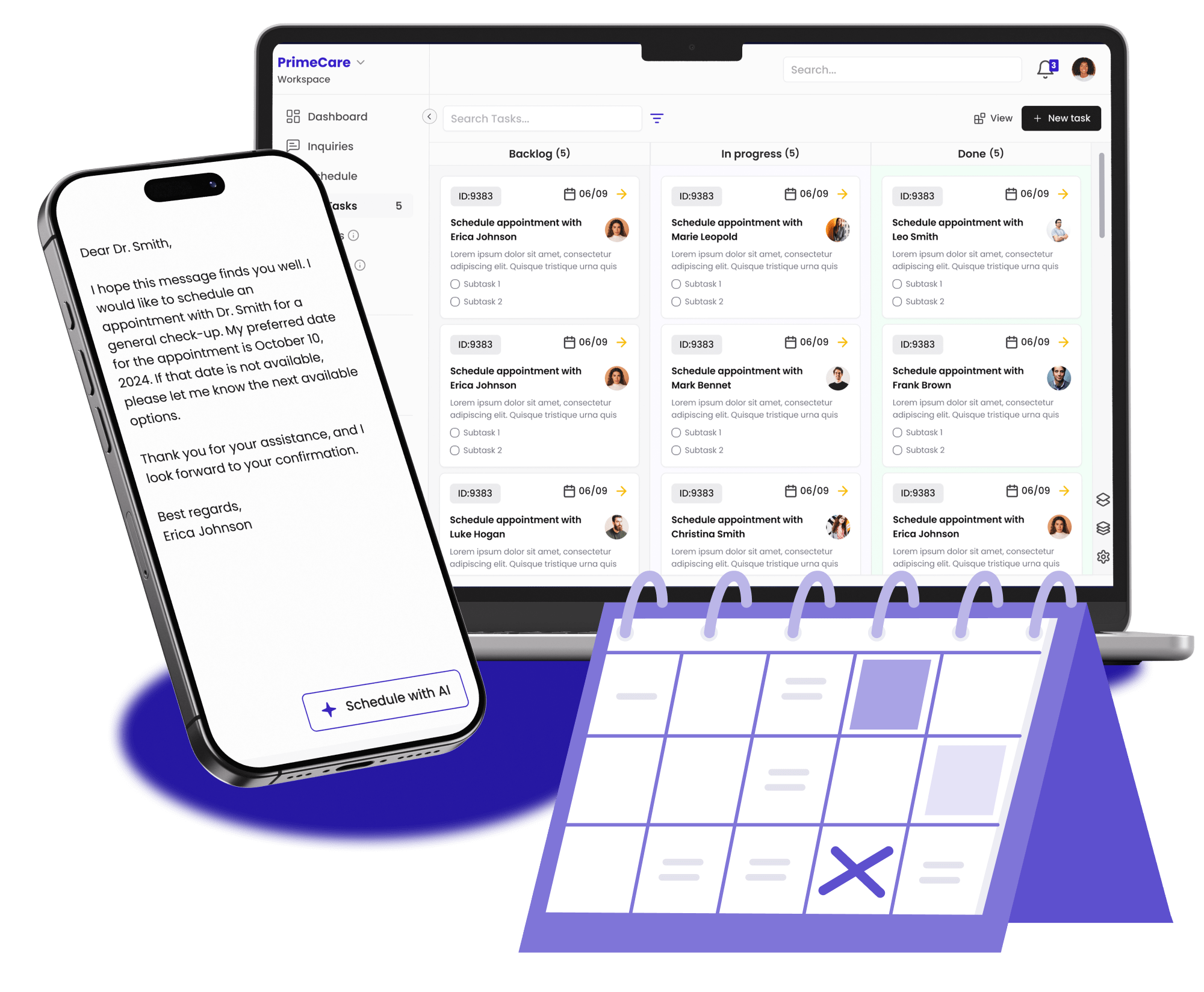 Mockup of an interface showing appointment bookings and calendar features.