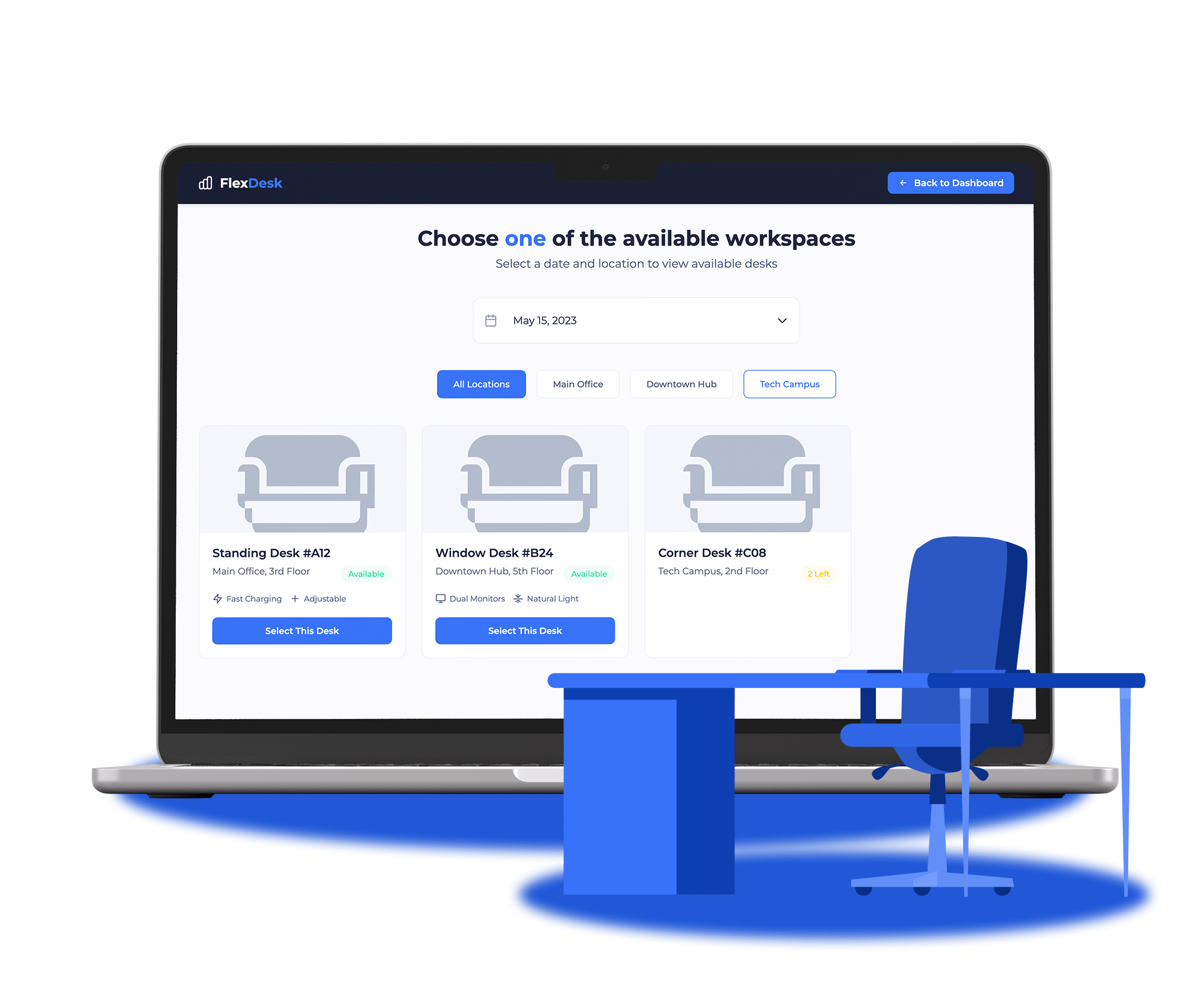 Mockup of an interface for reserving a desk in an office space.