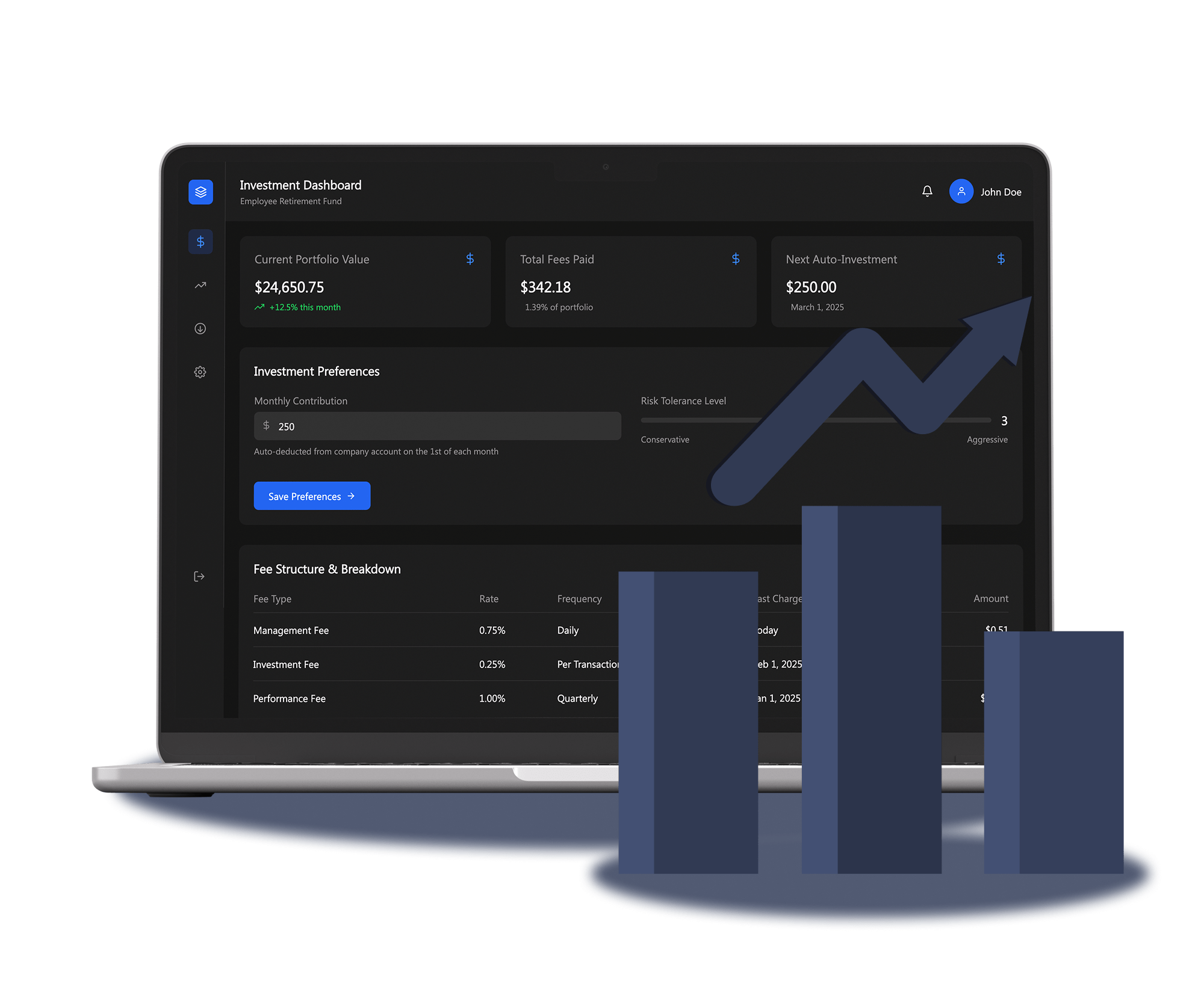 Mockup of an investment dashboard showcasing a breakdown of fee structures.