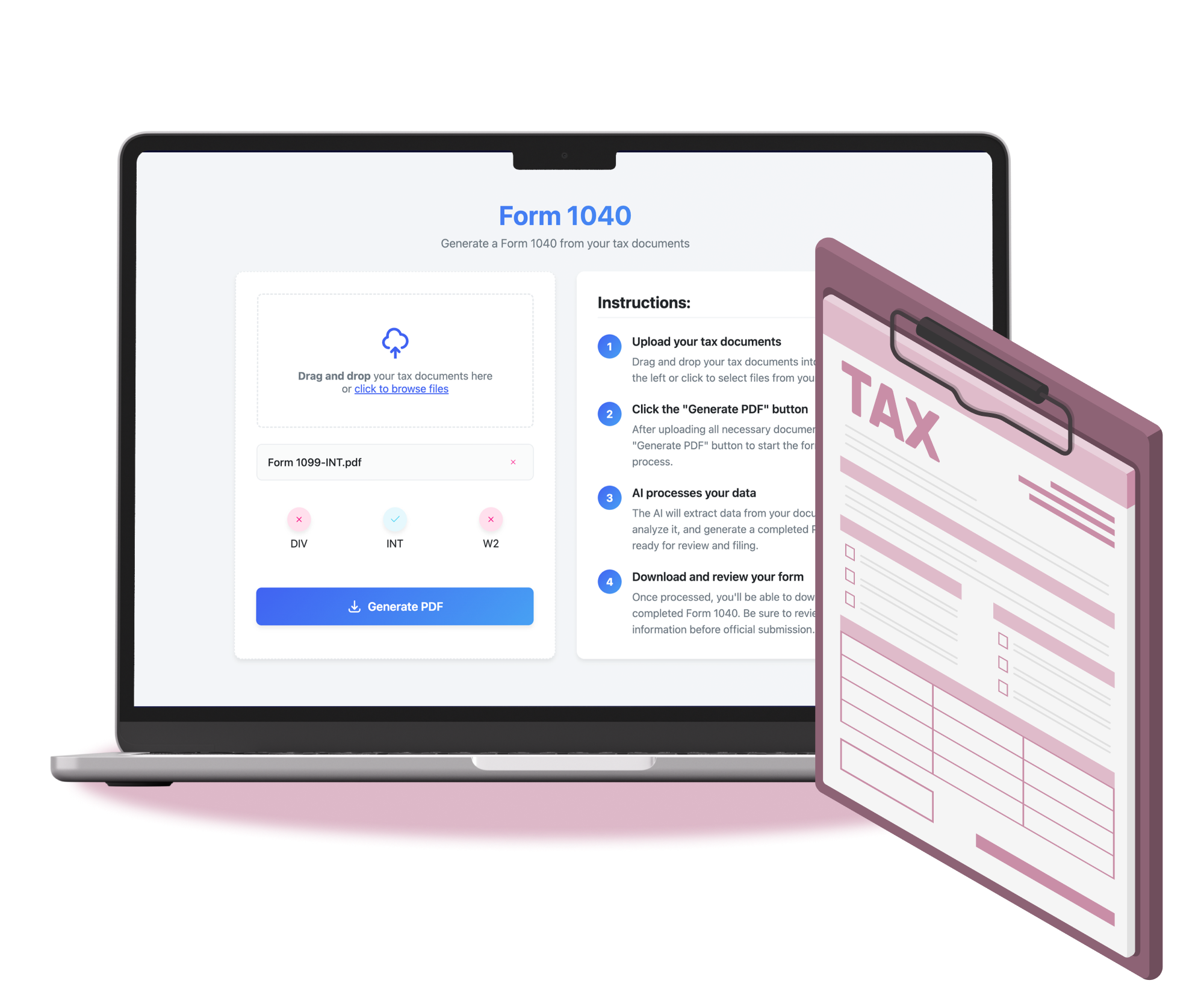 Mockup featuring a field for uploading and generating tax documents with AI.