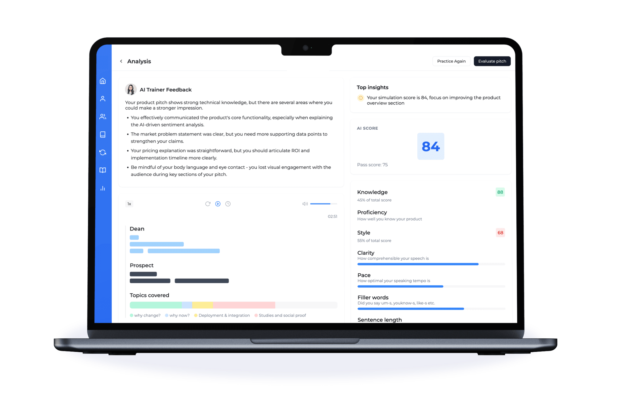 Mockup of an AI-powered conversation coaching platform for skill improvement.