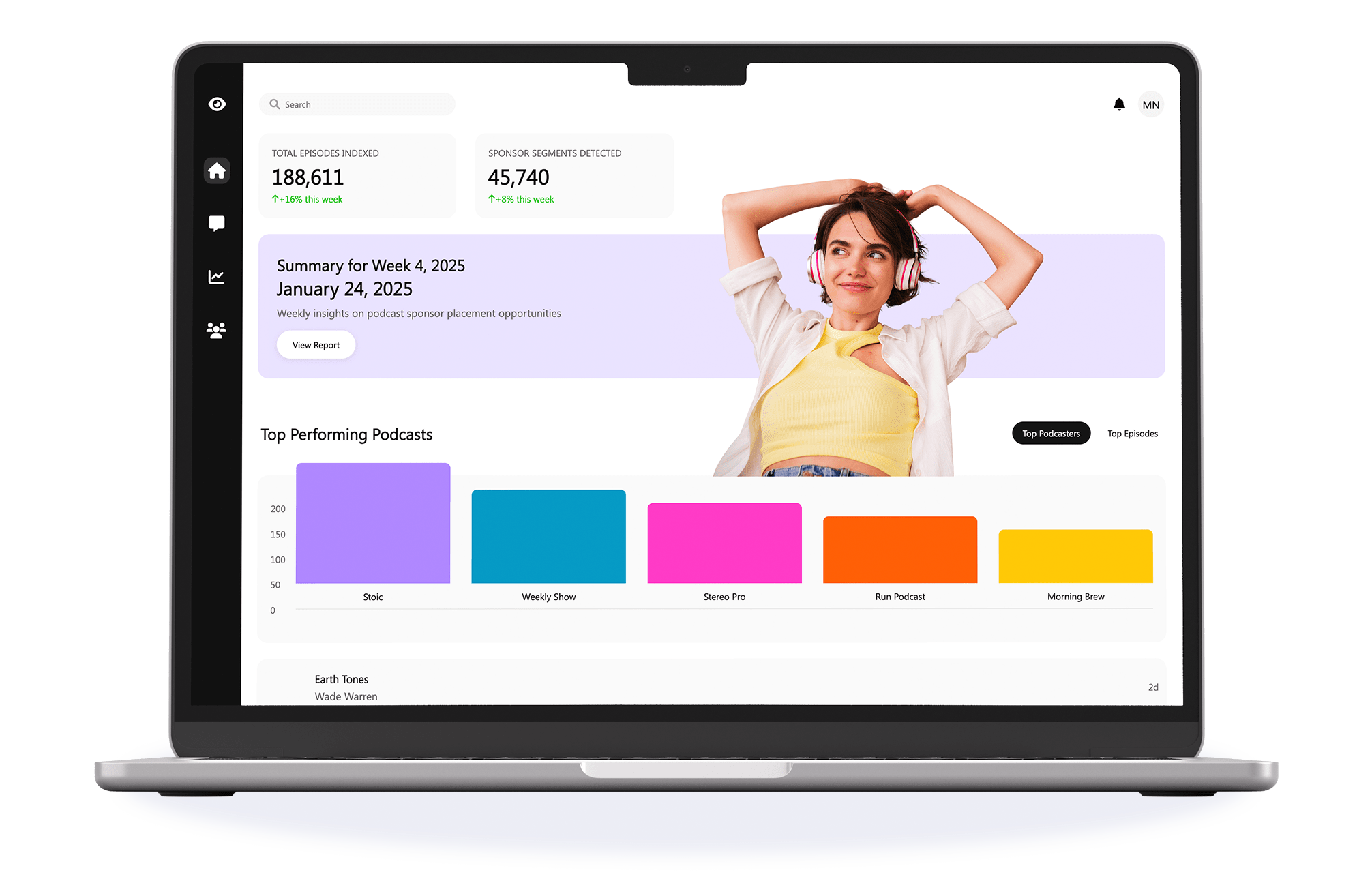 Mockup of a podcast discovery platform for product placement insights.