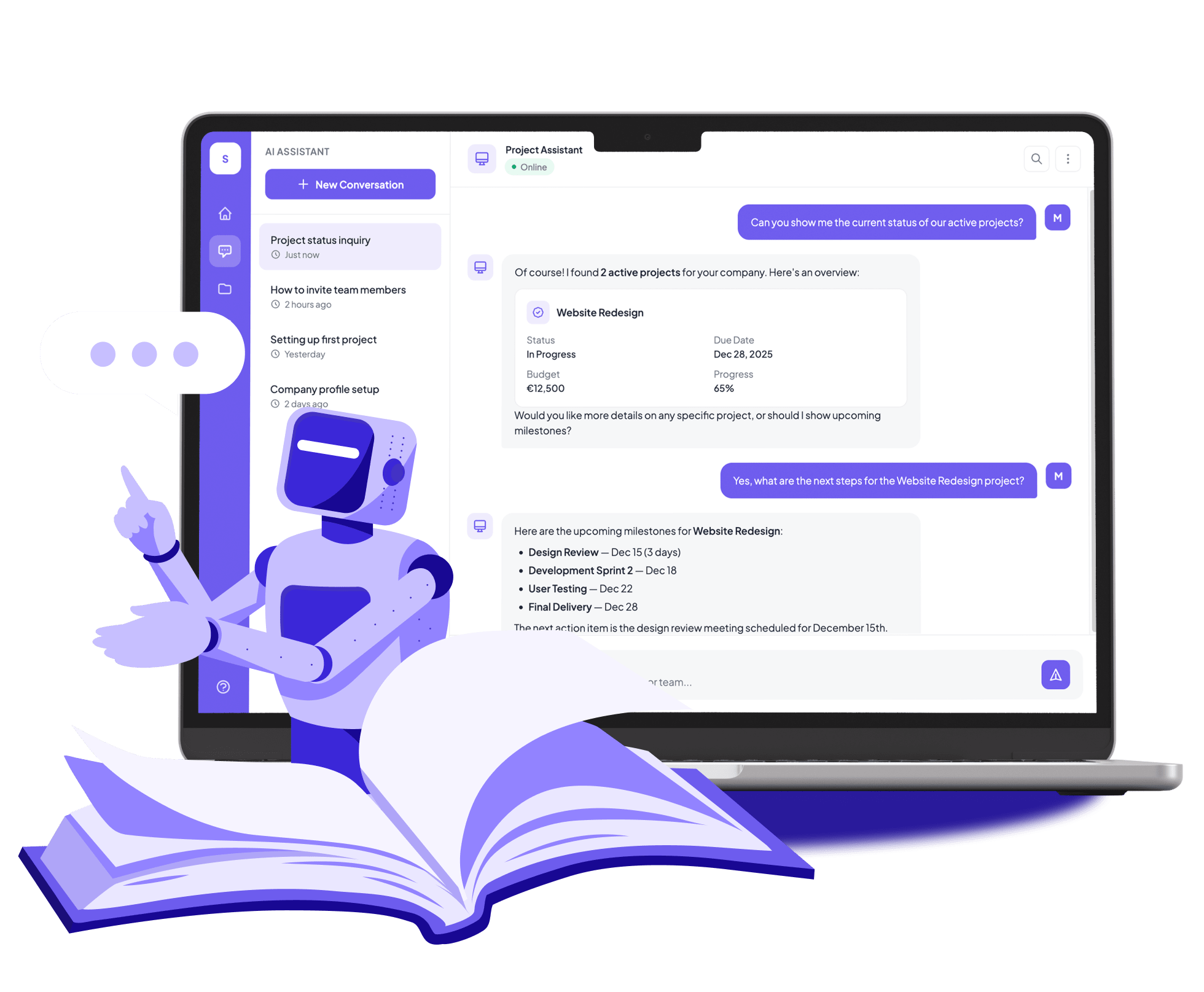 Mockup of AI assistants supporting onboarding and project setup workflows.