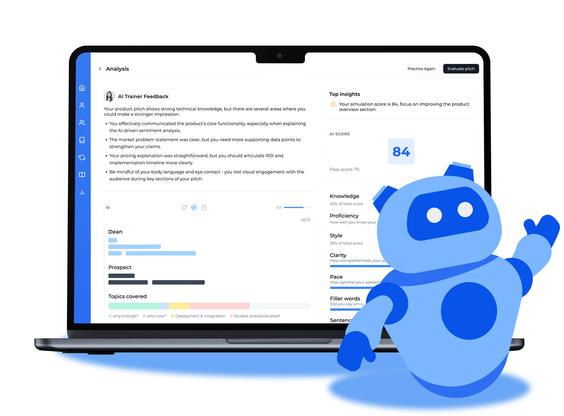 Mockup of a conversation coaching platform with performance feedback and scoring.