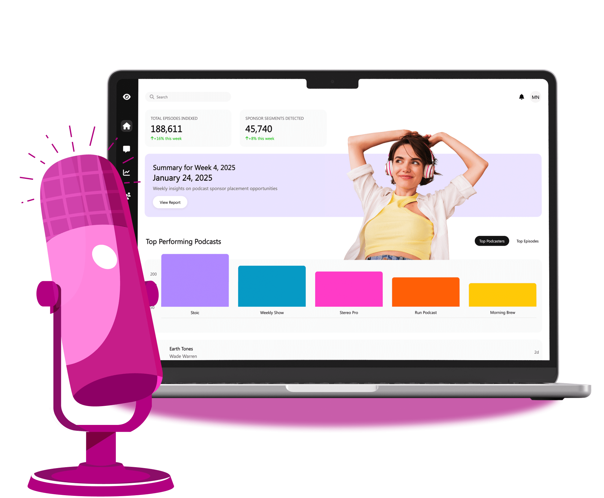Mockup of a podcast discovery platform for ad placement and sponsorship insights.