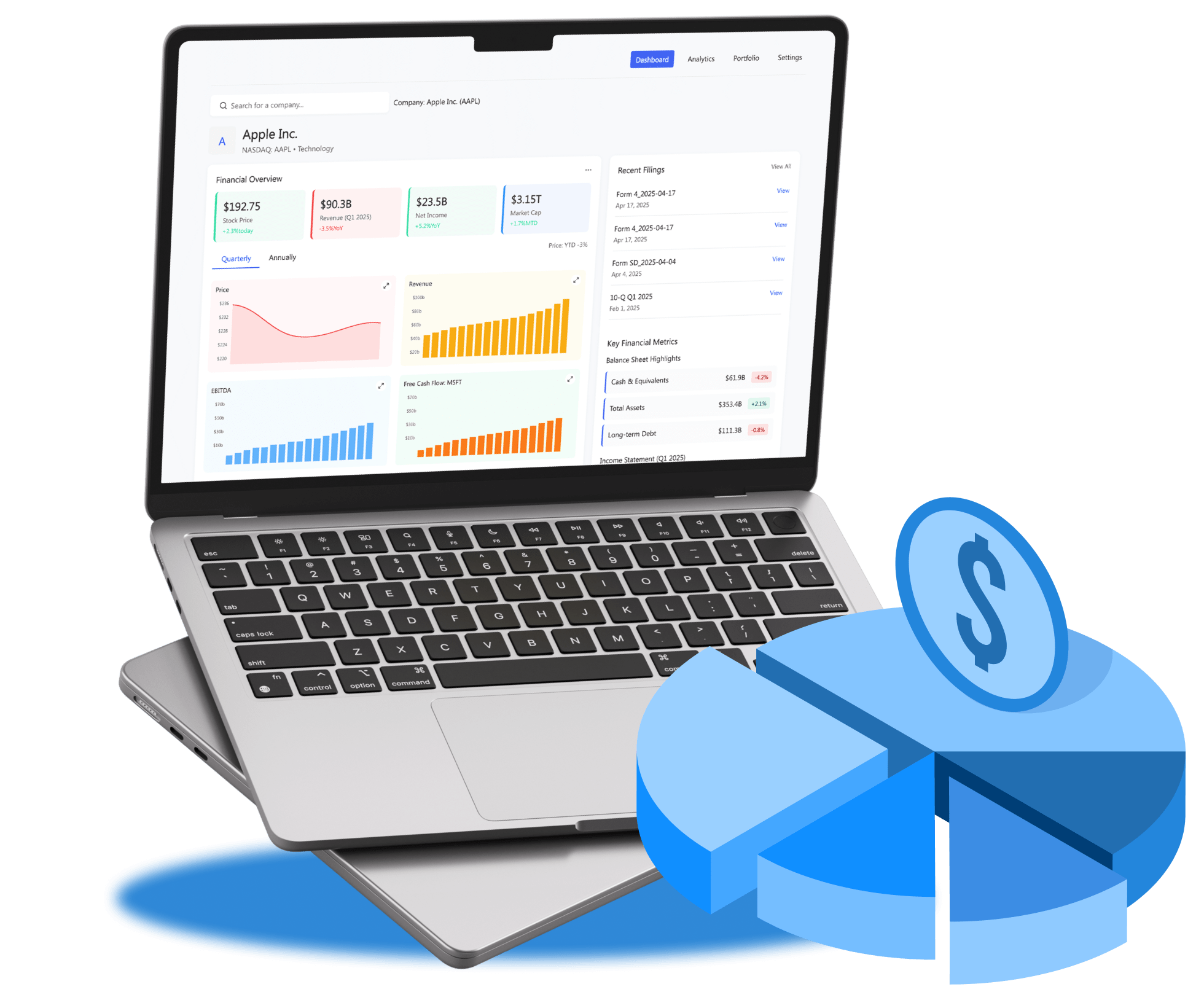 Mockup of a financial intelligence platform delivering real-time investor relations data.