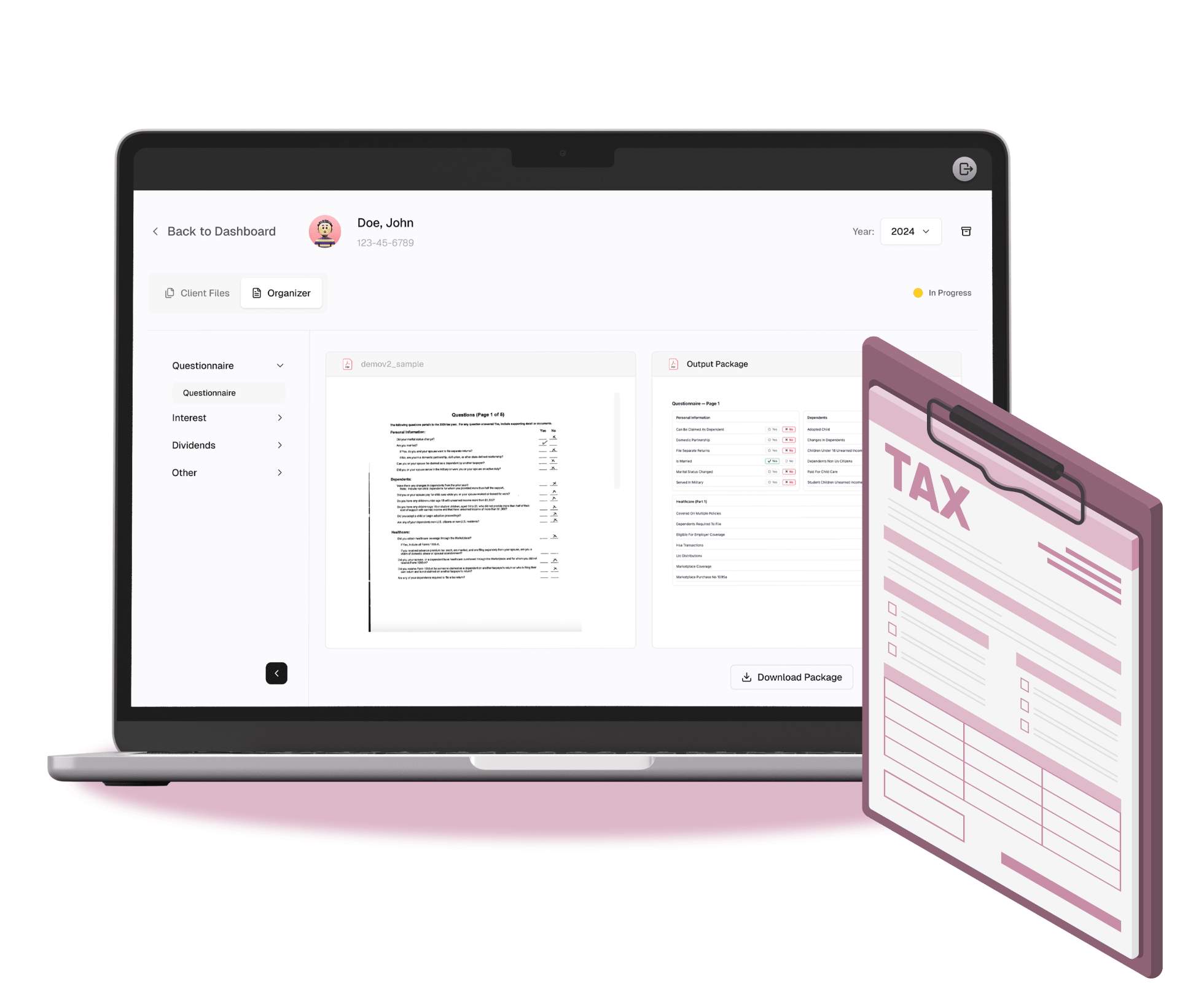 Mockup featuring a field for uploading and generating tax documents with AI.