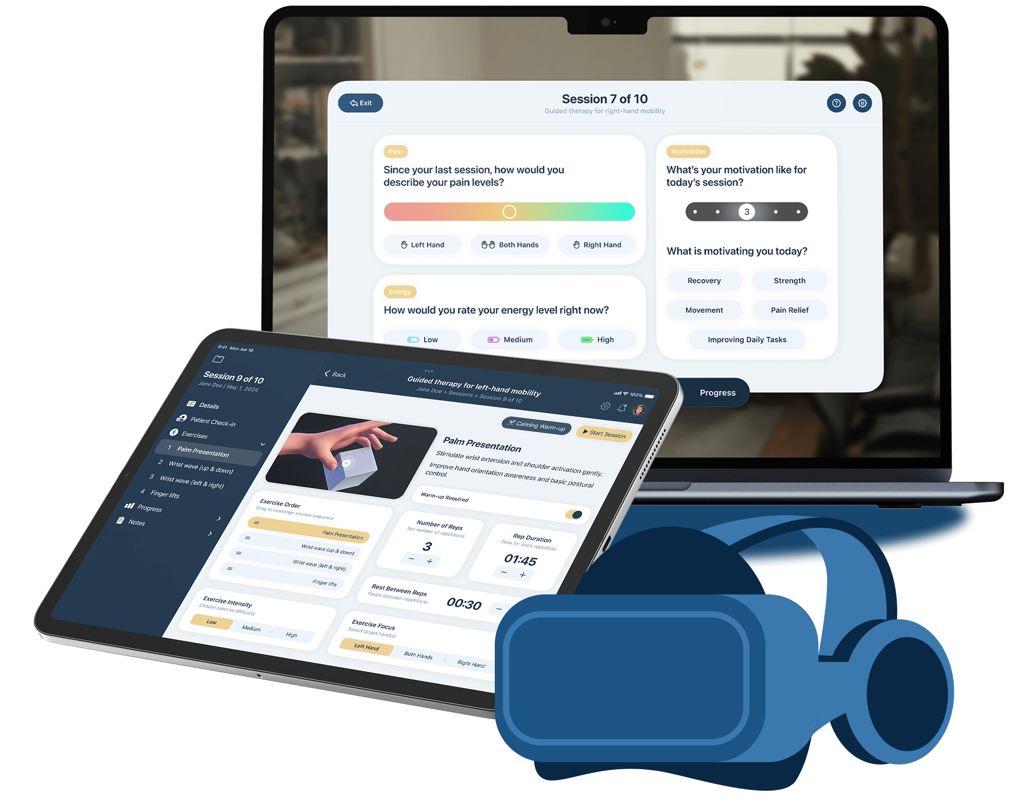 Mockup of a data-driven XR hand rehabilitation platform for digital therapy.