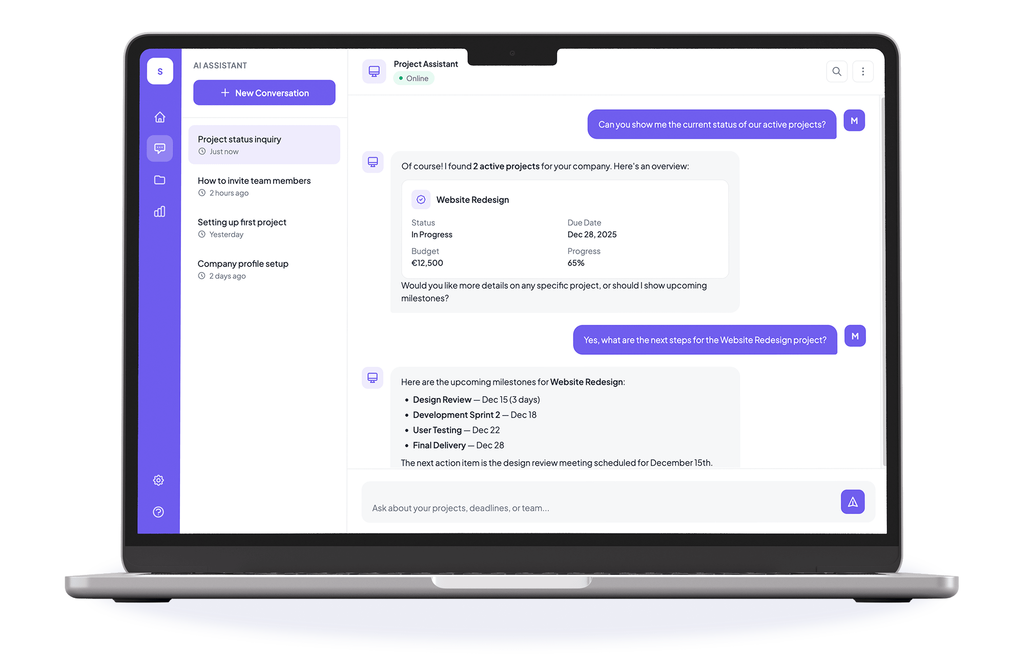 Mockup of AI operational assistants supporting user onboarding and project setup.