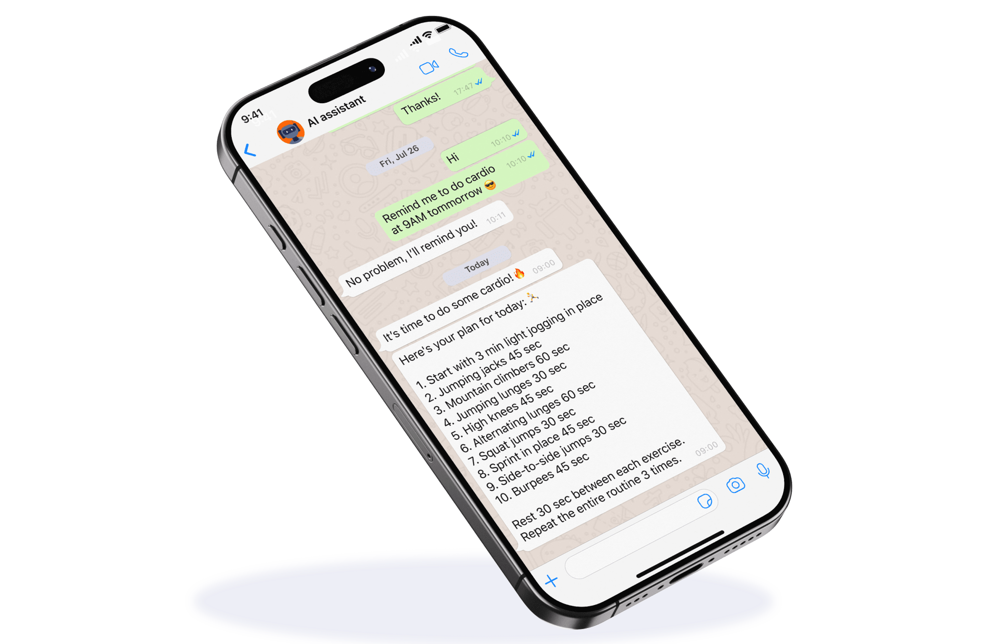 Mockup of an AI assistant chat interface with reminders and task suggestions.