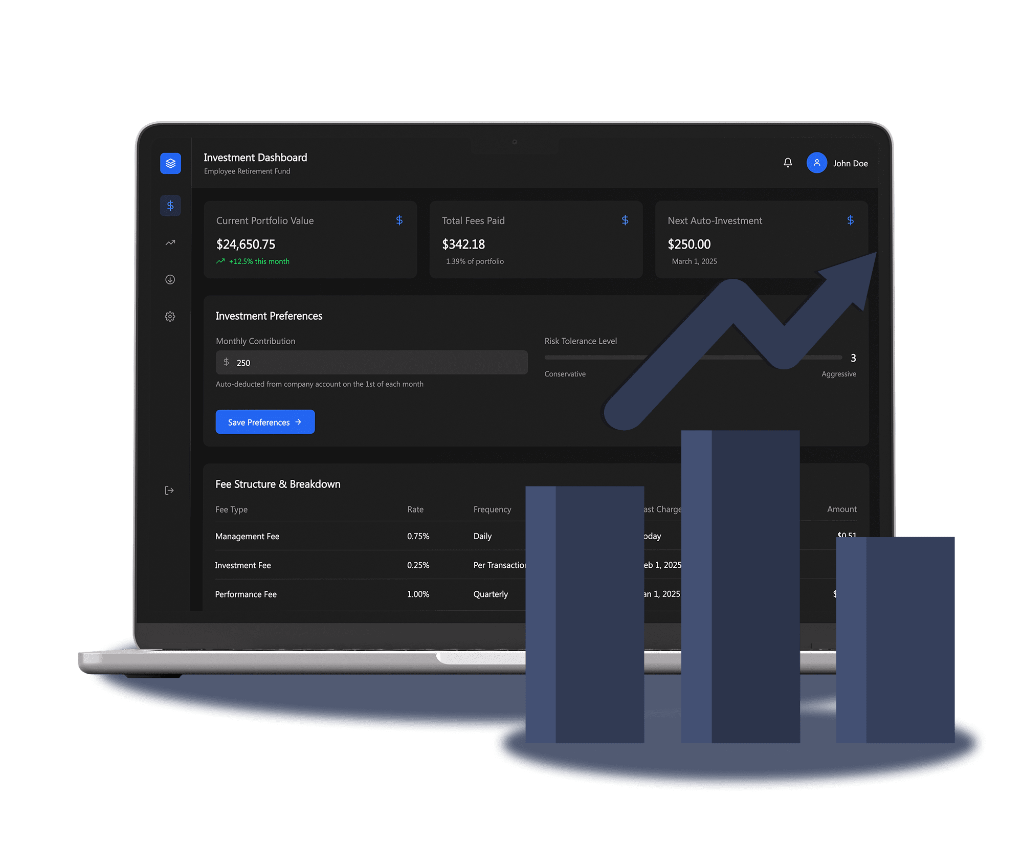 Mockup of an investment dashboard showcasing a breakdown of fee structures.