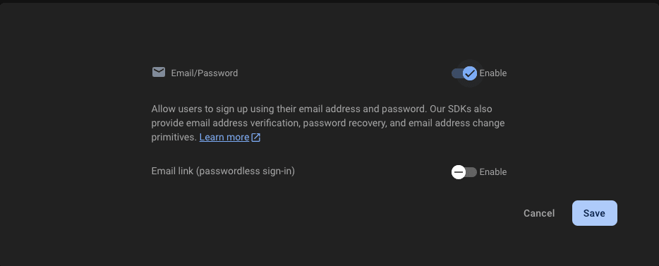 Sign-in method tab with Email/Password option enabled in the Firebase console.