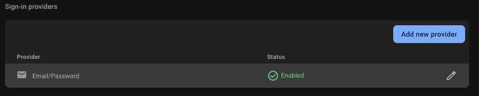 Enabled providers section showing Email/Password listed under active authentication methods.