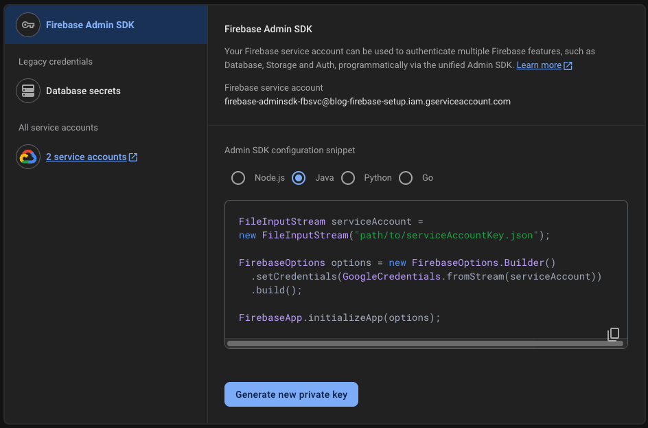 Firebase project settings with "Service accounts" tab selected to access Admin SDK private key.