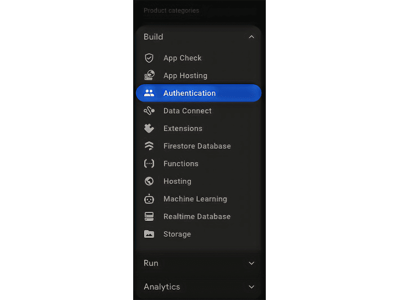 Firebase console showing the "Authentication" option selected under the "Build" section.