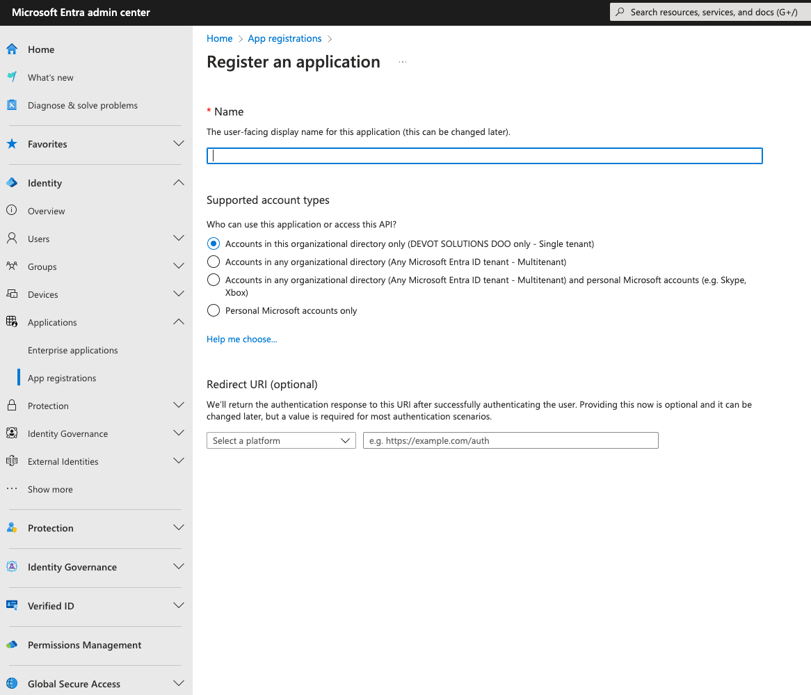 Microsoft Entra admin center showing the app registration screen with fields for application name and redirect URI