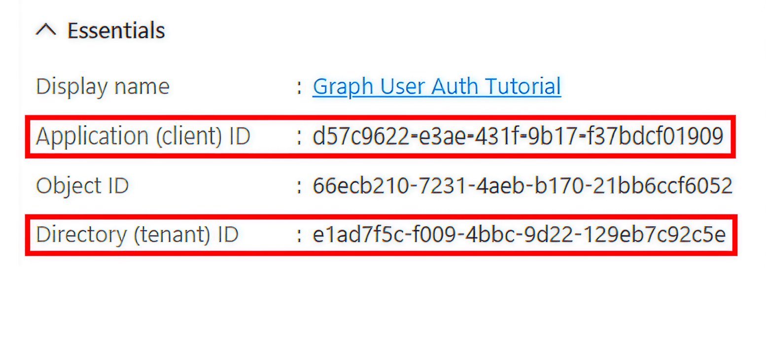 Overview page of a registered app in Microsoft Entra admin center displaying the Client ID and Tenant ID.
