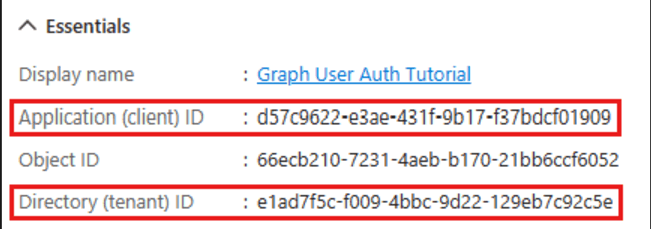 Microsoft Entra application overview page displaying the Client ID and Tenant ID used for Microsoft Graph API integration