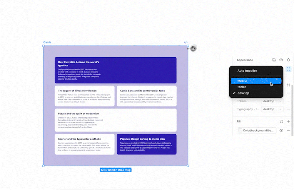 Figma component variants linked with variables, automatically adapting button size between Desktop and Mobile modes.
