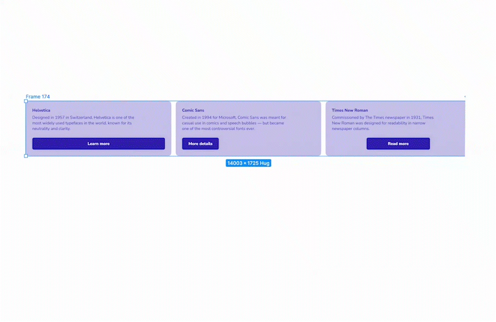 Responsive card component in Figma reflowing from multi-column layout to stacked layout as the frame resizes.