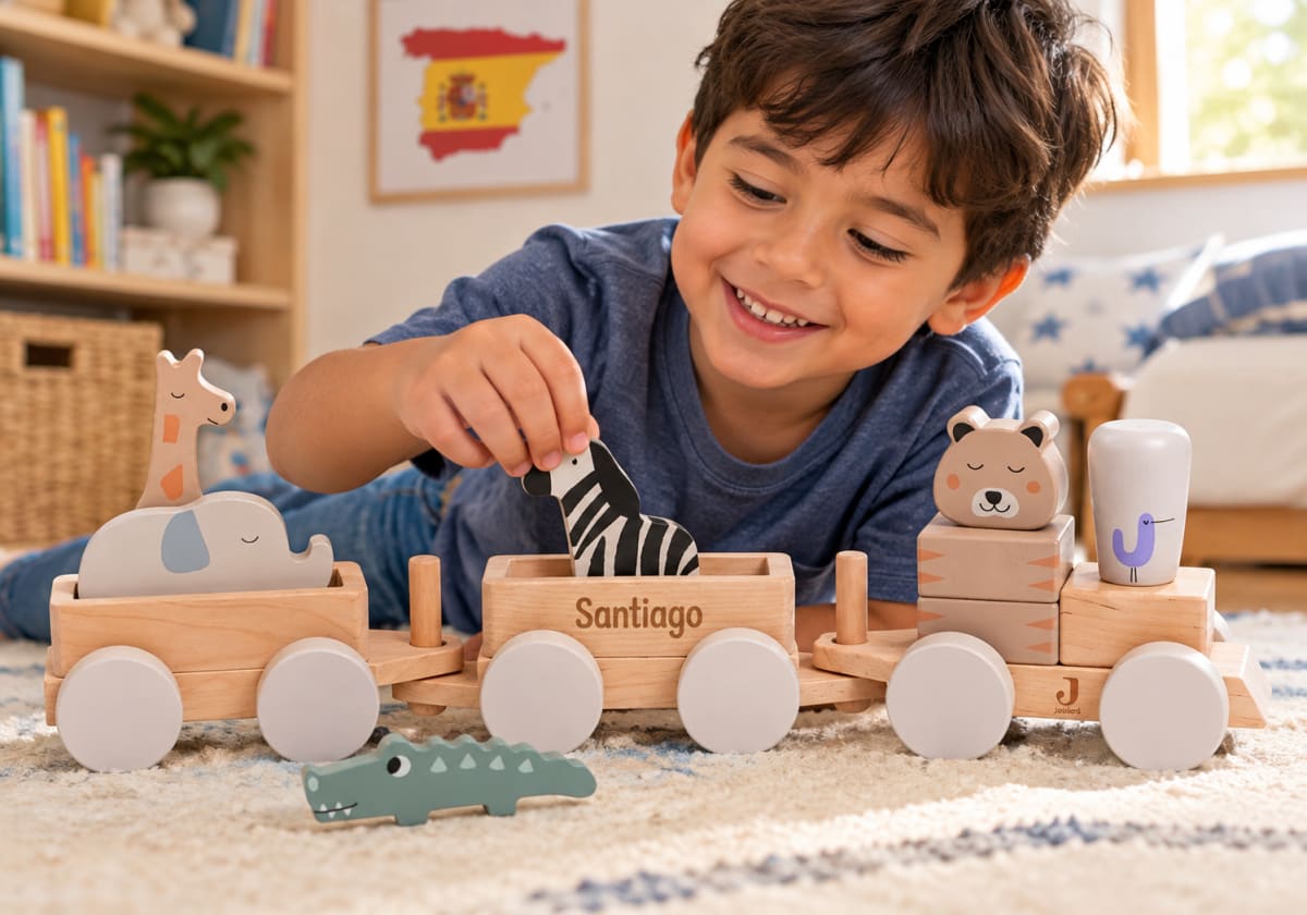 Niño sonriente jugando con un tren de madera con animales y su nombre grabado