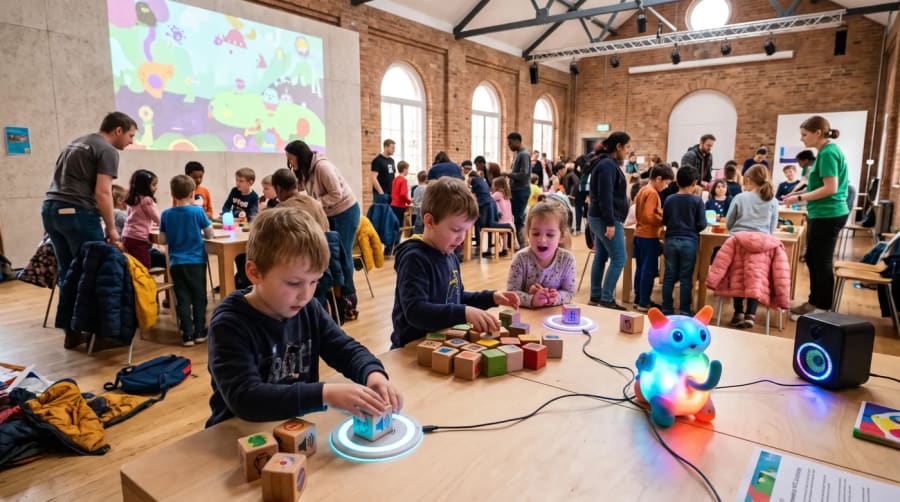 Children playing with light-up blocks and a robot toy at an event