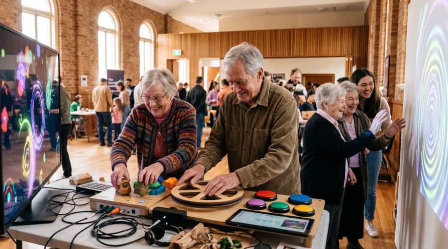 Older people laughing at interactive music and light stations