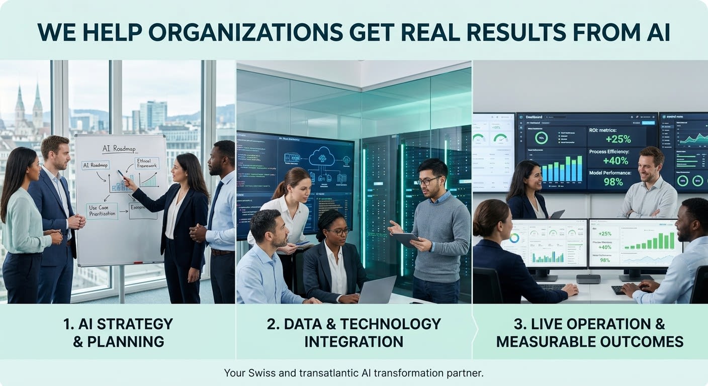 Team collaborating around a glass board with sticky notes
