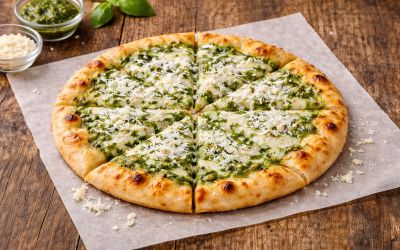 פיצה פסטו בתוספת פרמז׳ן ומוצרלה L