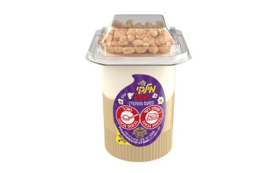 מילקי טופ מעדן חלב בטעם פופקורן עם קצפת ותוסף פופקורן מקורמל מצופה שוקולד לבן