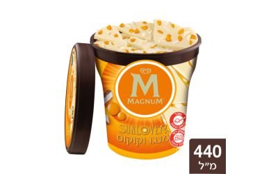 גלידת שמנת בטעם קוקוס עם ריפל המכיל מנגו ושברי שוקולד לבן מעולה במעטפת שוקולד לבן מעולה