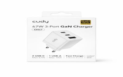 מטען קיר Cudy 67W GaN עם 3 יציאות (CH67