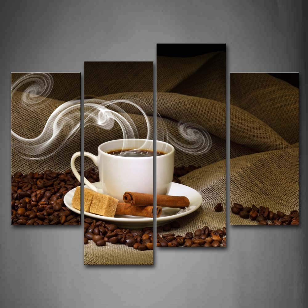 Wallart Cup of Coffee and Coffee Bean Painting Pictures Print On Canvas
