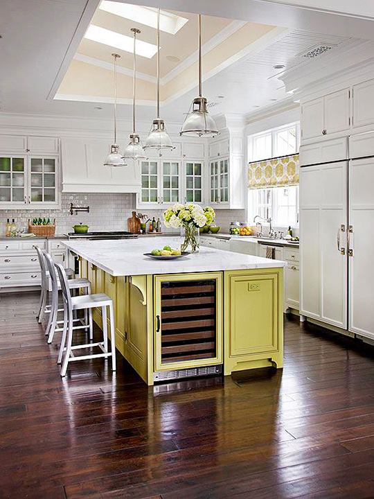 Yes I love this yellow kitchen Island design with the wine chiller in it simple work space with seating lots of extra kitchen counter space & home style kitchens with island