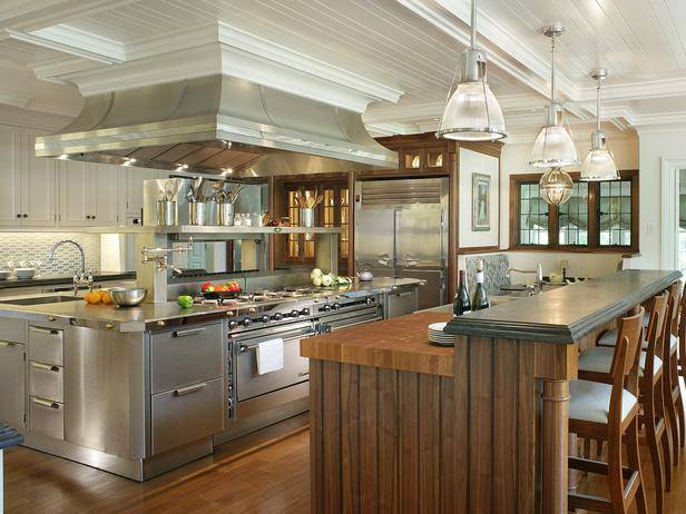 Professional style chef cooking island with a commercial grade range hood, kitchen counter space & home style kitchen island