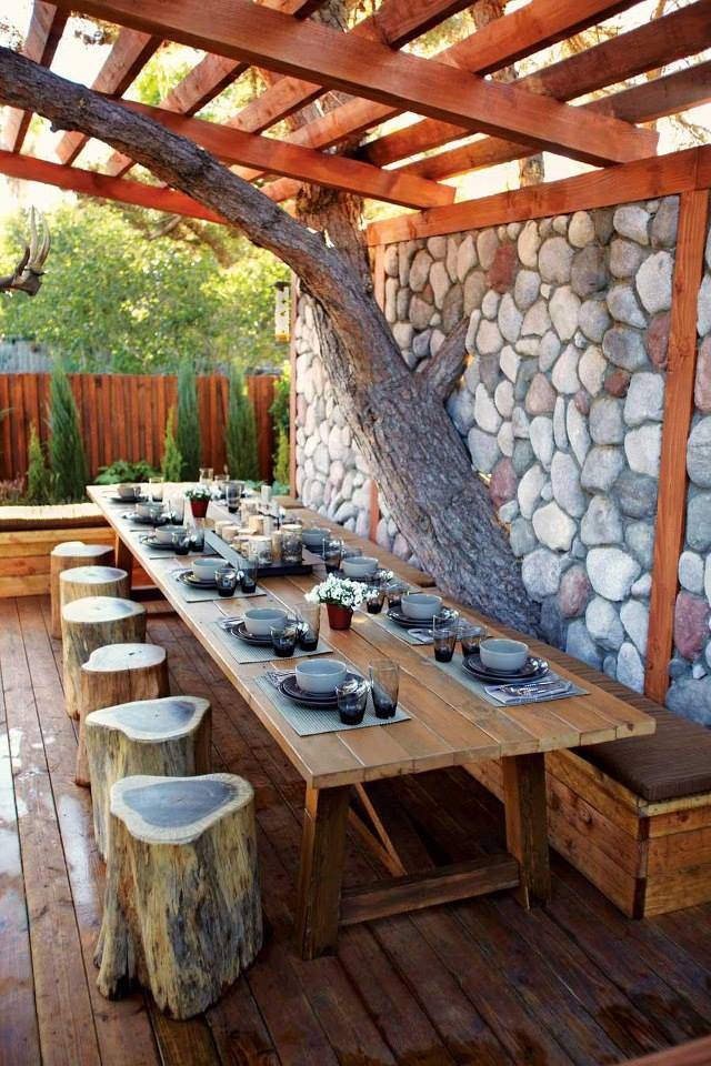 DIY Ideas For Your Backyard Furniture with wood boxes as benches Cedar Tree Blocks as Chairs and a table made from 2x4 and 4x4 lumber