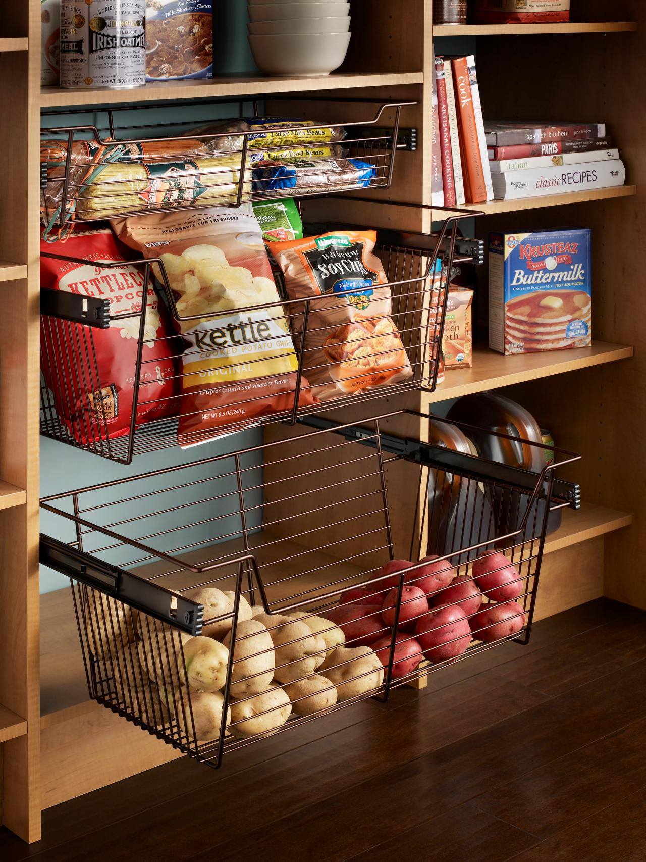 cool kitchen hack -- bulk products that have a longer life time, such as potatoes and onions. If this is too much country for your taste use the crates as pull-out inside your cabinetry.