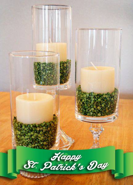 Saint Patrick's Day Decor Idea Green Split peas or similar to weigh down Candles.