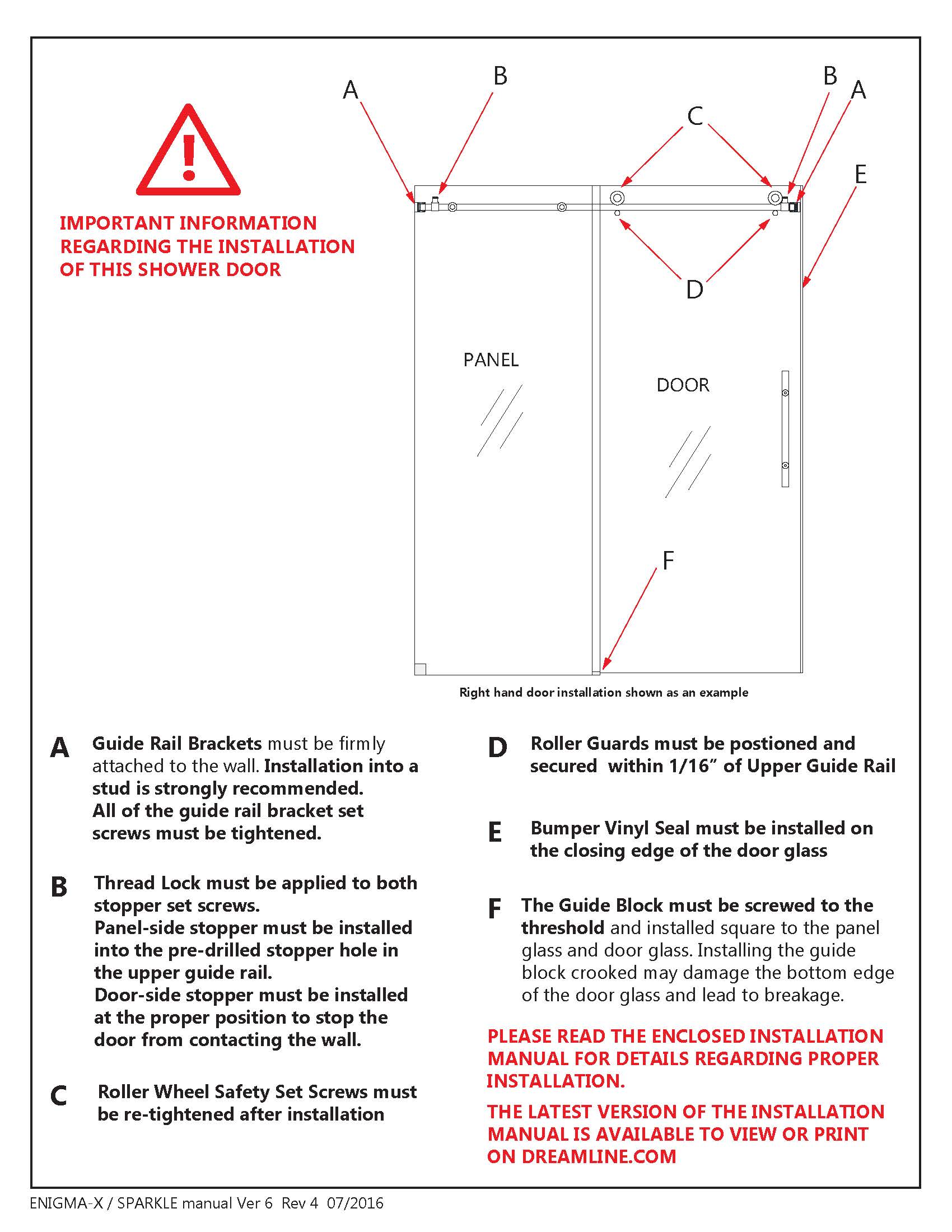 DreamLine Enigma X Glass Shower Door - Install manual Section A- F