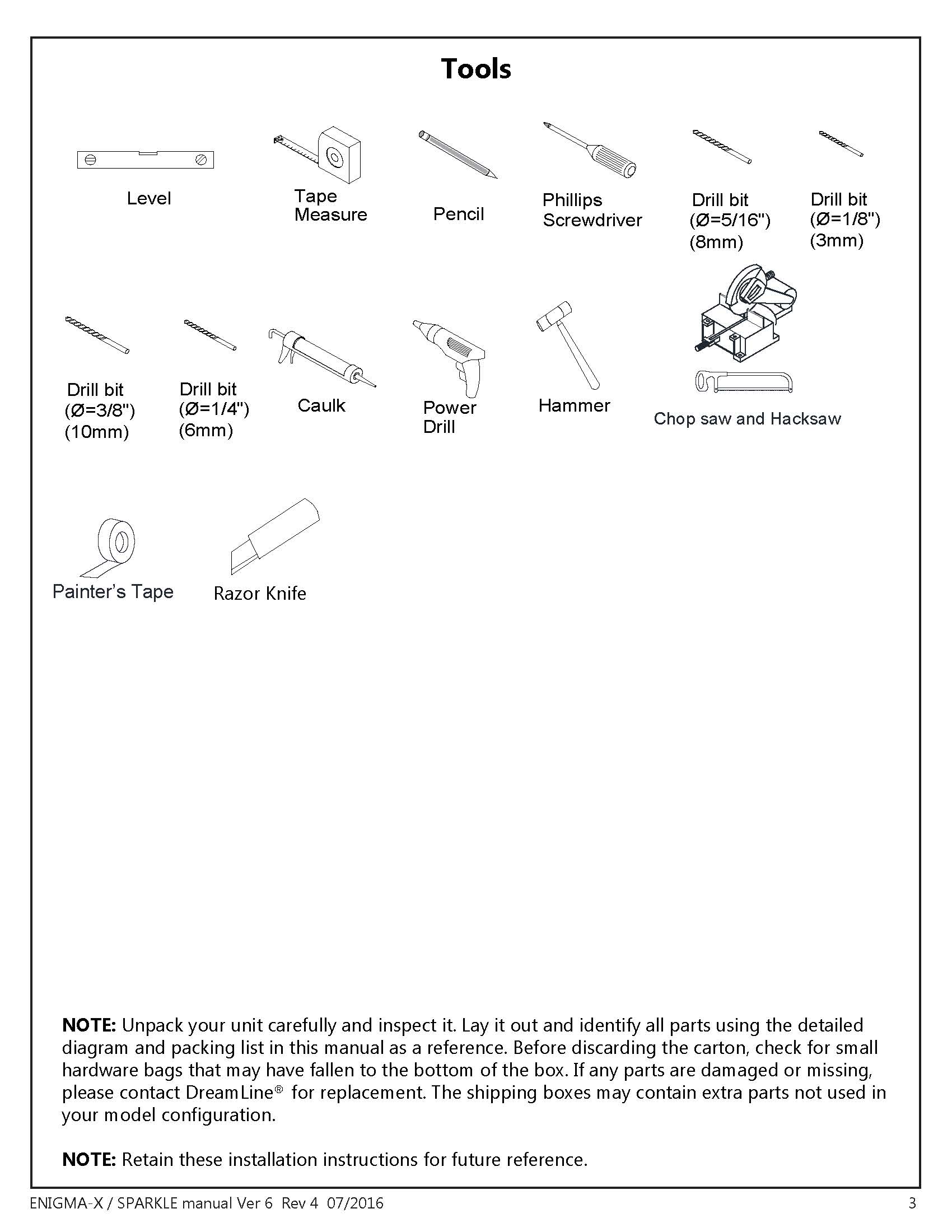 Dremline Enigma X Glass Shower Door Install manual - required tool list