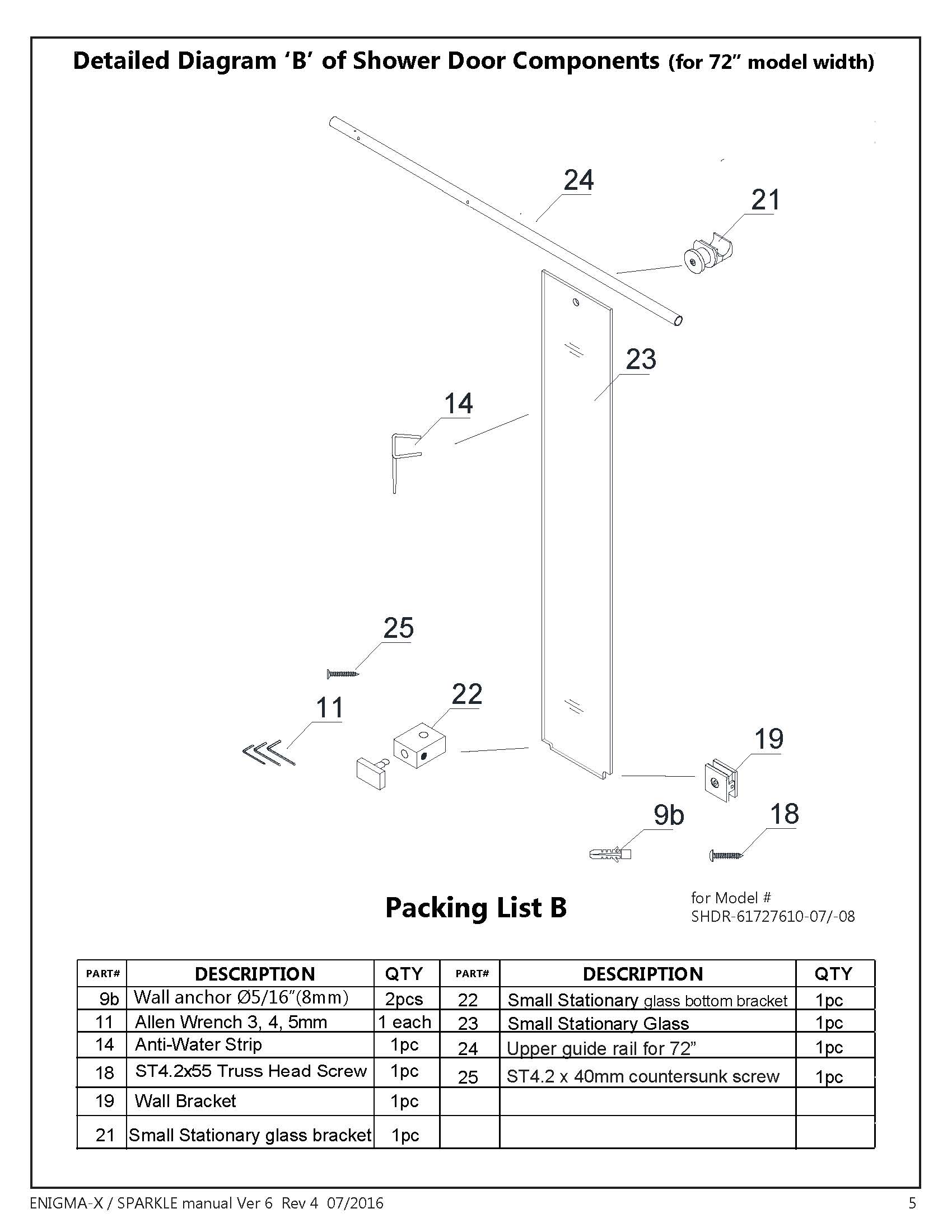 DreamLine Enigma X glass shower door Install manual - Detail "B"