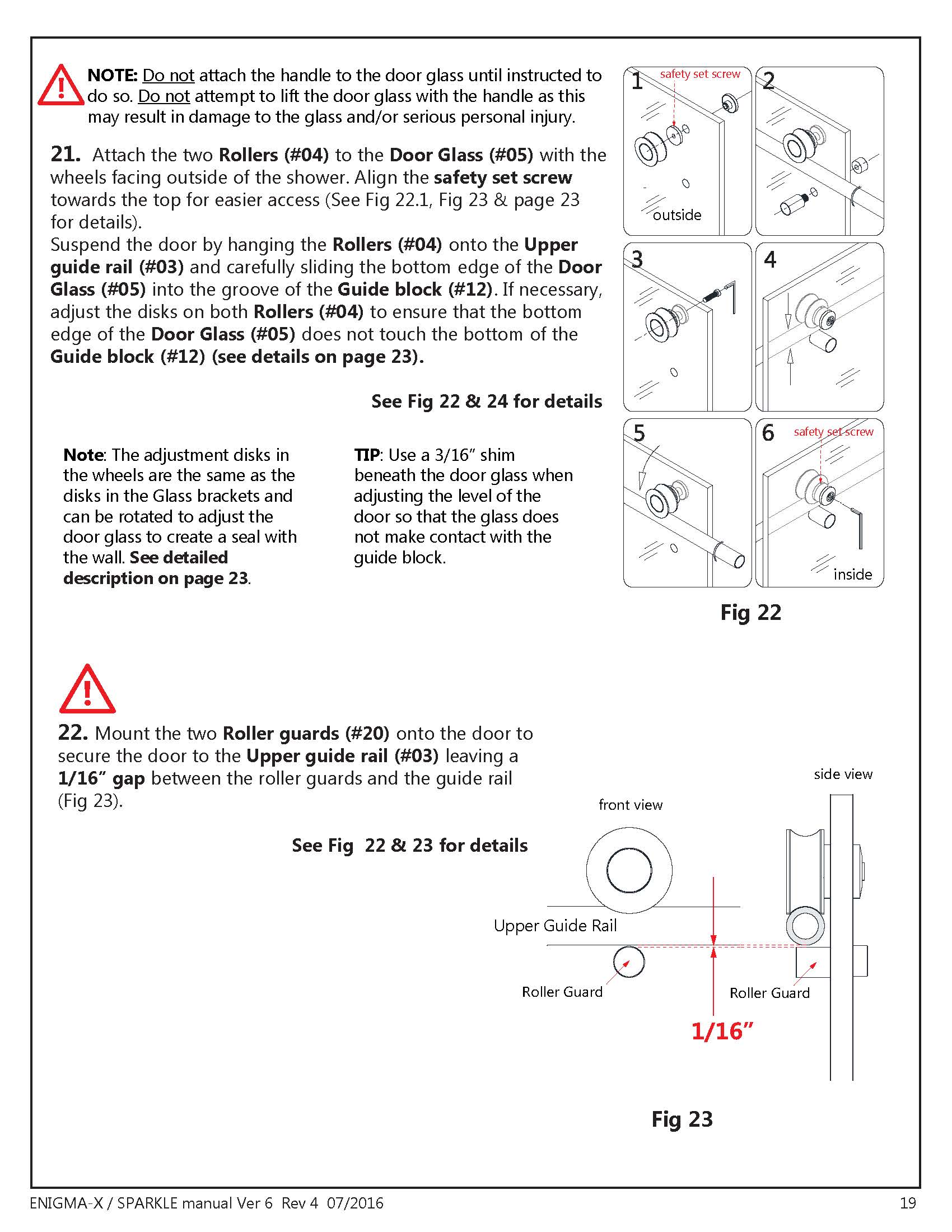 DreamLine Enigma X glass shower door Install manual NOTE Sections 21 & 22