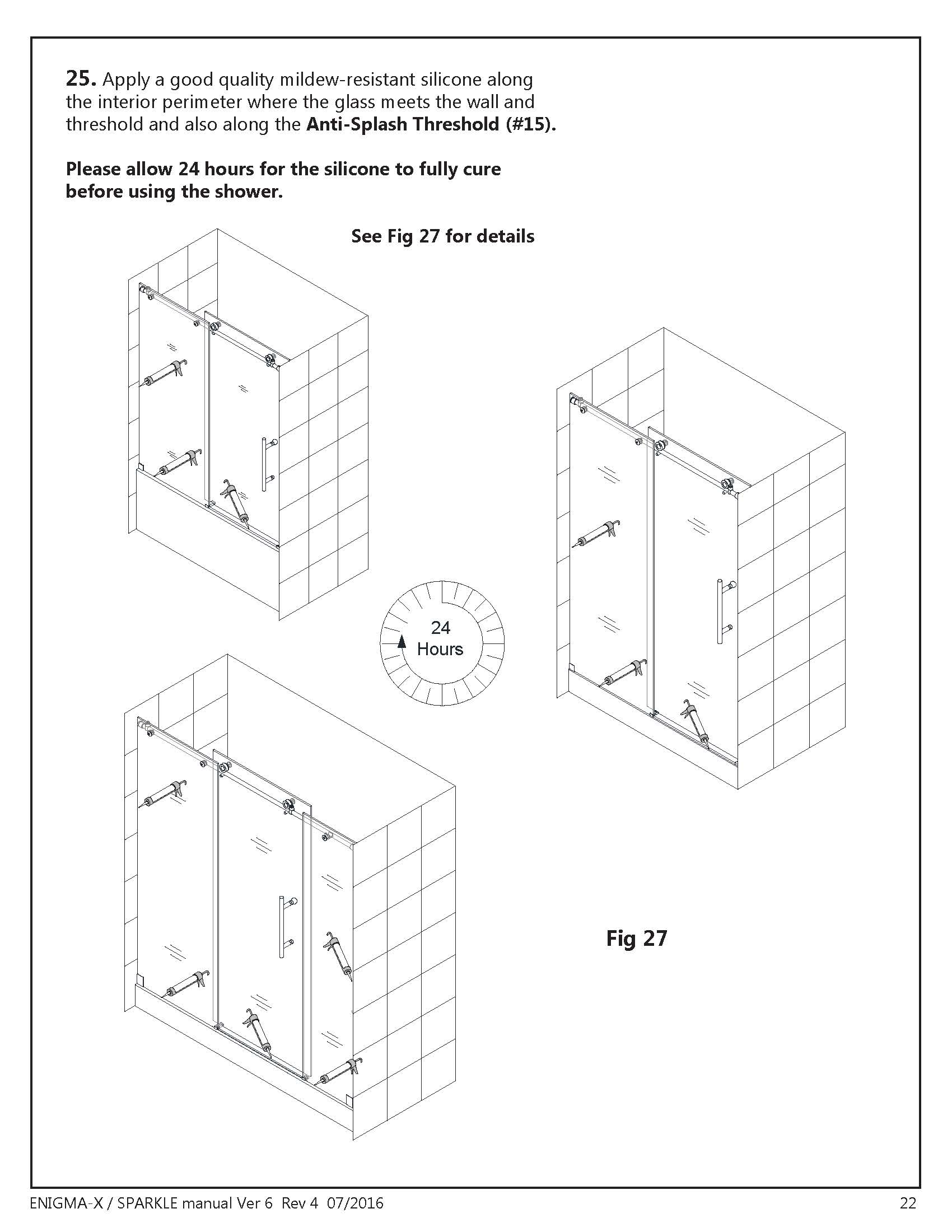 DreamLine Enigma Glass Shower Door Install manual Section - Final Step where and how to apply silicone illustrations