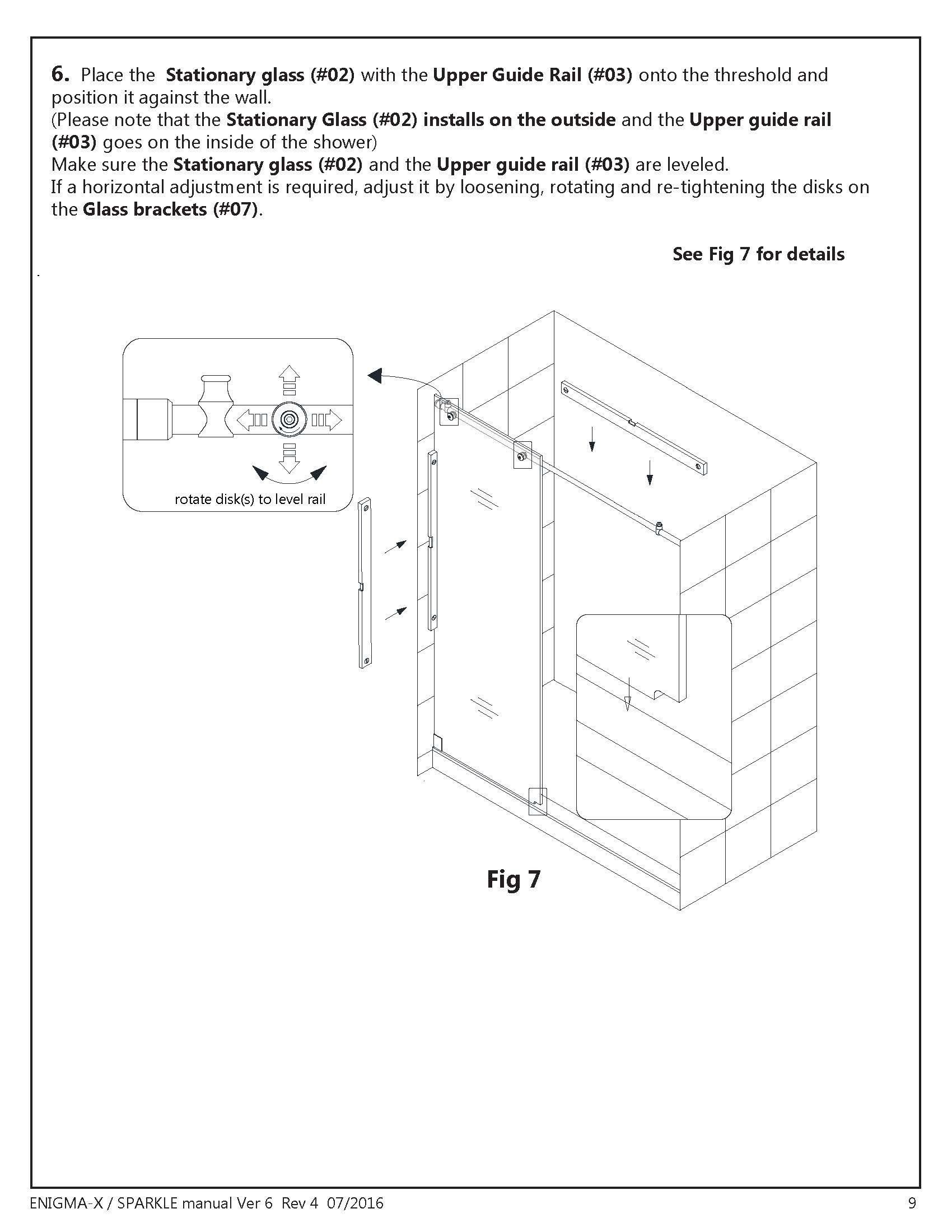 DreamLine Enigma X glass shower door - setting the stationary Glass Install manual Fig 7 detail