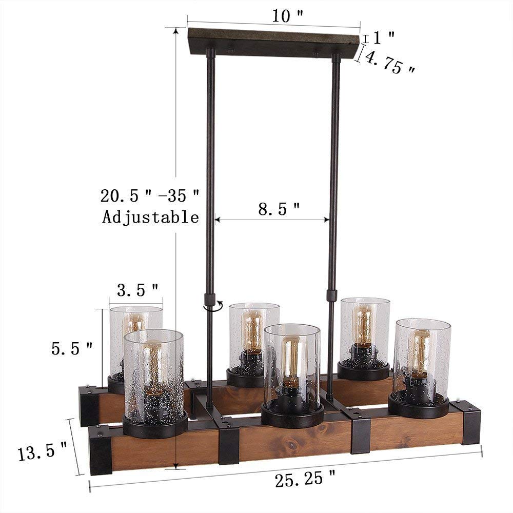 Dimensions Of Anmytek C0002 Metal Wood and Glass Chandelier, Brown Anmytek is an American lighting company specializing in lighting research and design. Anmytek Rustic Style 6-Light Chandelier design, simple but attractive. The combination of wood, metal & glass in one pendant light is exquisite & timeless. This chandelier is proof for the commitment to improving the furniture environment and the taste of life.