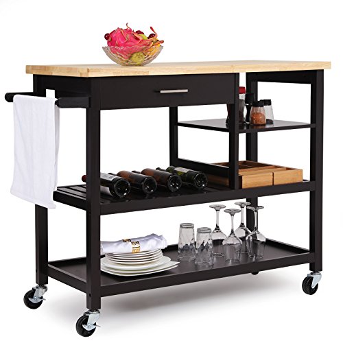 Songmics Rubber Wood Kitchen Island Rolling Utility Cart With