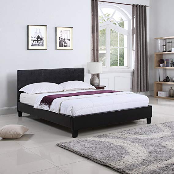 DIVANO ROMA FURNITURE Classic Deluxe Bonded Leather Low Profile Platform Bed Frame with Paneled Headboard Design (Queen) zinus twin size mattress,