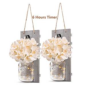 RUSTIC CHARM TO ANY ROOM - Wall Hanging Decor These mason jar sconces make the perfect touch of shabby chic to your home décor. Whether you want to put them in your hallway, kitchen, near the TV, pictures or painting, they will complement your place with a soothing light that display peace and harmony in your house A PERFECT GIFT IDEA - Farmhouse Sconce Whether giving from mother to daughter or viceversa, these hanging jar sconces make great gifts. We’ve even seen them given as housewarming party, anniversary gift, birthday present, and Christmas gift. They make a fantastic decoration for weddings, bridal shower and any occasion SPLENDID WITH QUALITY CRAFTSMANSHIP - Rustic Wall Decor Like all Gbtree products, we use only the finest quality materials available. The hanging decoration includes: 2 mason jars, 2 reclaimed wood, 2 strips of LED lights (batteries not included), and 2 hydrangea flowers VERSATILE & MULTI-FUNCTIONAL -Rustic Wall Sconces Our diy mason jar sconces complement your walls with the perfect look of bohemian style. You can use them as convenient organizer for kitchen utensils, or as planters for an indoor garden LOVE THEM OR YOUR MONEY BACK - Rustic Wall Decor We’re confident that you will love these beautiful mason jar sconces to accent to your home décor. However, if for whatever reason you’re not satisfied, we got you covered! Our products are backed by 12-month warranty; you can return it to us for a refund or a replacement if there’s a problem Compare with similar items